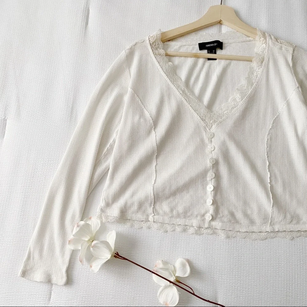 Off White Ribbed Lace Trimmed Cropped Top